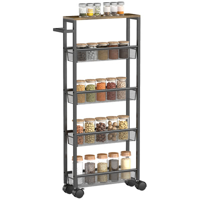 HOMCOM Slim Storage Trolley, 5-Tier Kitchen Cart on Wheels with Wood-effect Top, Handle for Living Room, Bathroom, Black 