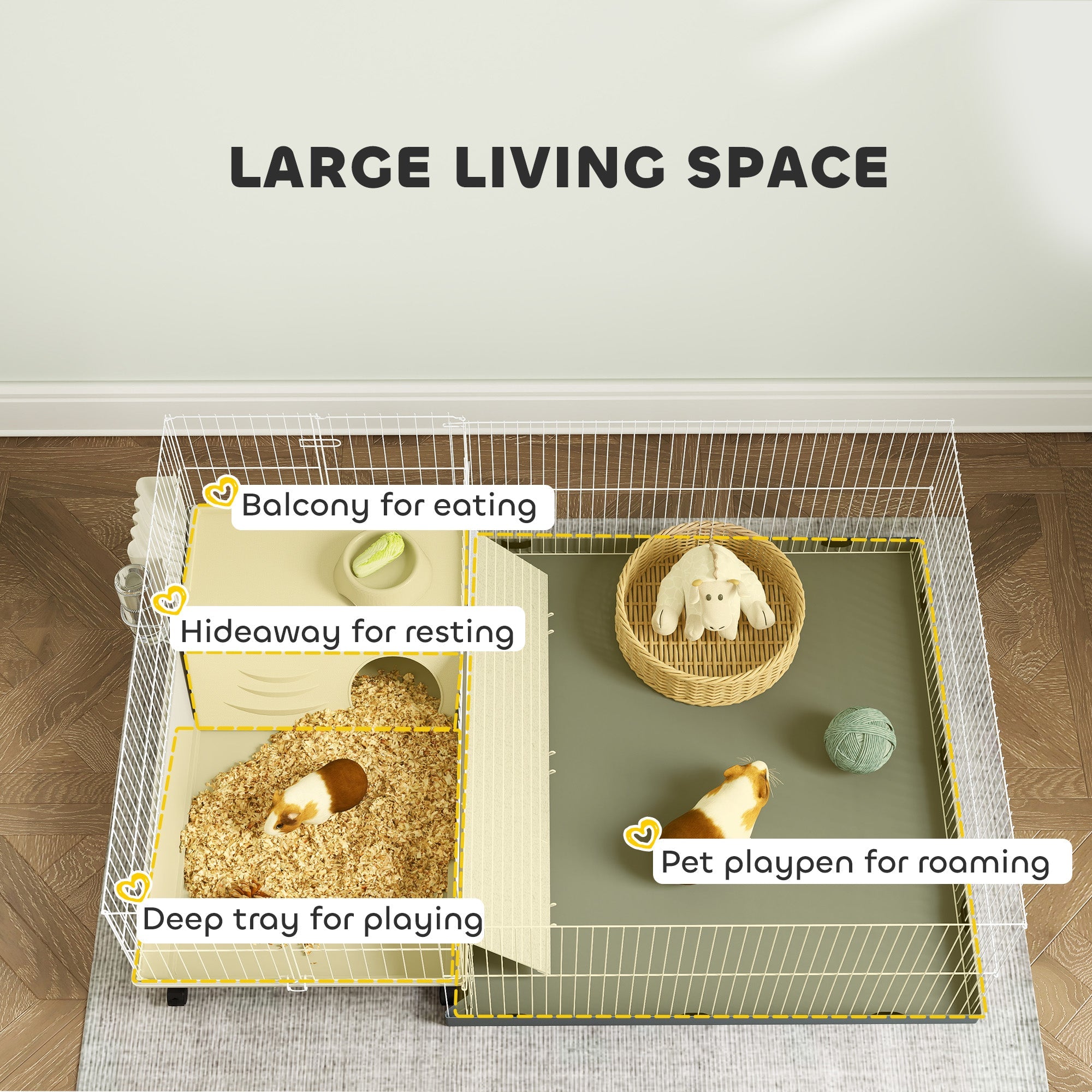 PawHut Small Animal Cage with Removable Pet Playpen, Guinea Pig Cage with Waterproof Pad, Hay Feeder, 108 x 71 x 57cm, Beige 