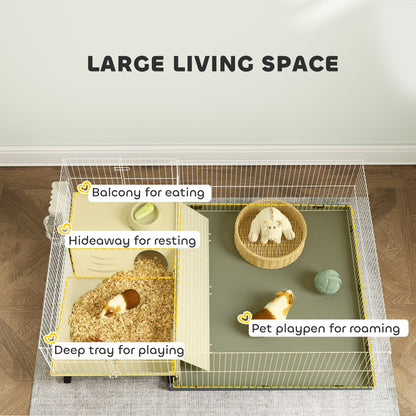 PawHut Small Animal Cage with Removable Pet Playpen, Guinea Pig Cage with Waterproof Pad, Hay Feeder, 108 x 71 x 57cm, Beige 