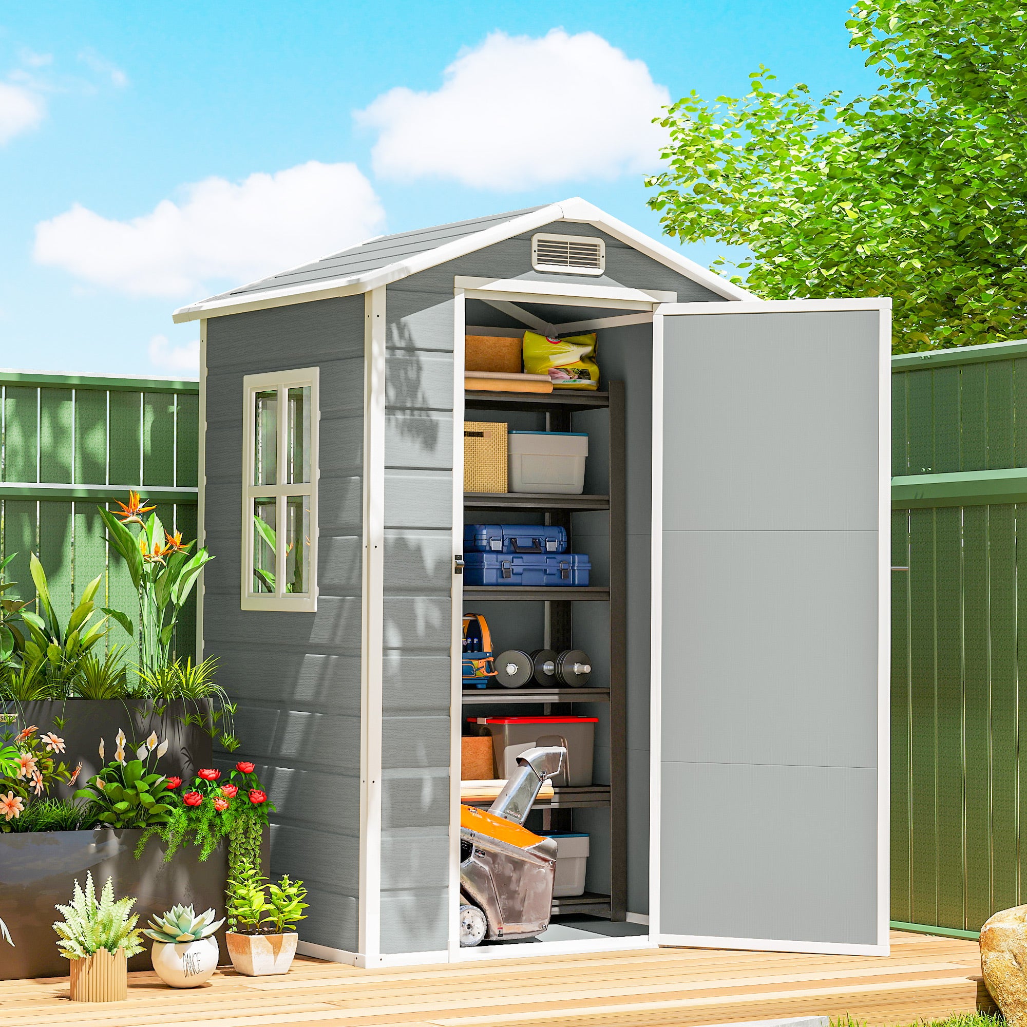Outsunny 4 x 3 ft Plastic Garden Shed with Floor, Outdoor Storage Shed with Lockable Door, Window and Vent, Light Grey 