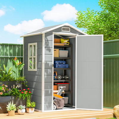 Outsunny 4 x 3 ft Plastic Garden Shed with Floor, Outdoor Storage Shed with Lockable Door, Window and Vent, Light Grey 
