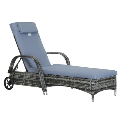 Outsunny Garden Rattan Furniture Single Sun Lounger Recliner Bed Reclining Chair Patio Outdoor Wicker Weave Adjustable Headrest with Fire Retardant Cushion - Grey 