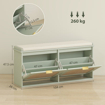 HOMCOM Boho Shoe Bench with Padded Seat and 2 Flip-Drawers - Light Green 