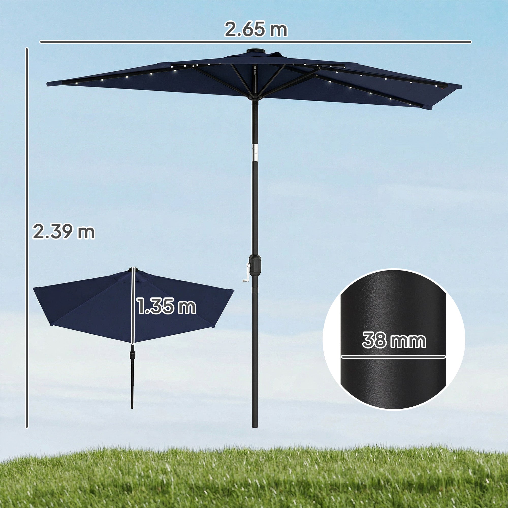Outsunny 2.6 m Half Garden Parasol with Solar LED Lights, UPF50+ Semi Round Umbrella with 30° Tilt, Crank Handle, Dark Blue 