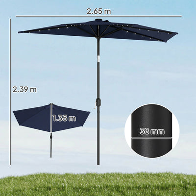 Outsunny 2.6 m Half Garden Parasol with Solar LED Lights, UPF50+ Semi Round Umbrella with 30° Tilt, Crank Handle, Dark Blue 