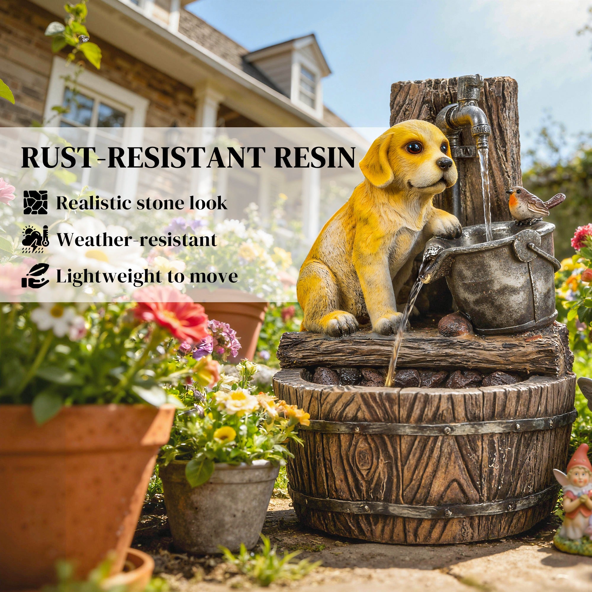 Outsunny Garden Water Feature with 3-Tier Rustic Puppy Design, Freestanding Resin with LED Lights, Adjustable Flow, Rustic Brown 