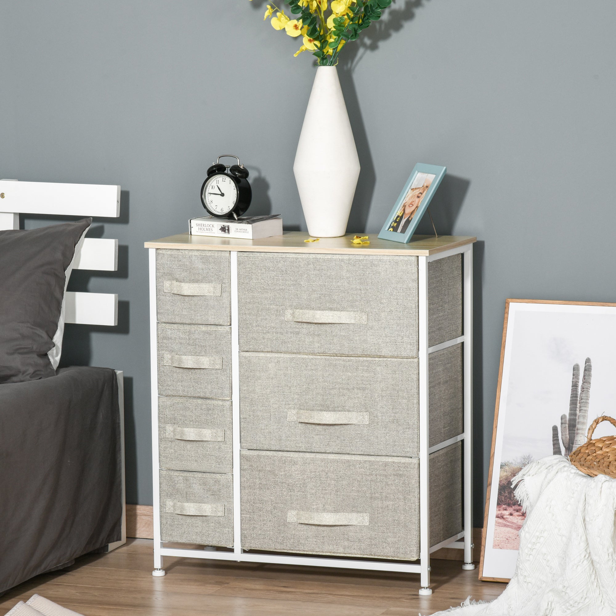 HOMCOM Chest of Drawers with 7 Drawers, Fabric Drawers with Large Storage Space, Drawers Dresser with Metal Frame, Adjustable Feet for Bedroom Living Room, Light Grey 