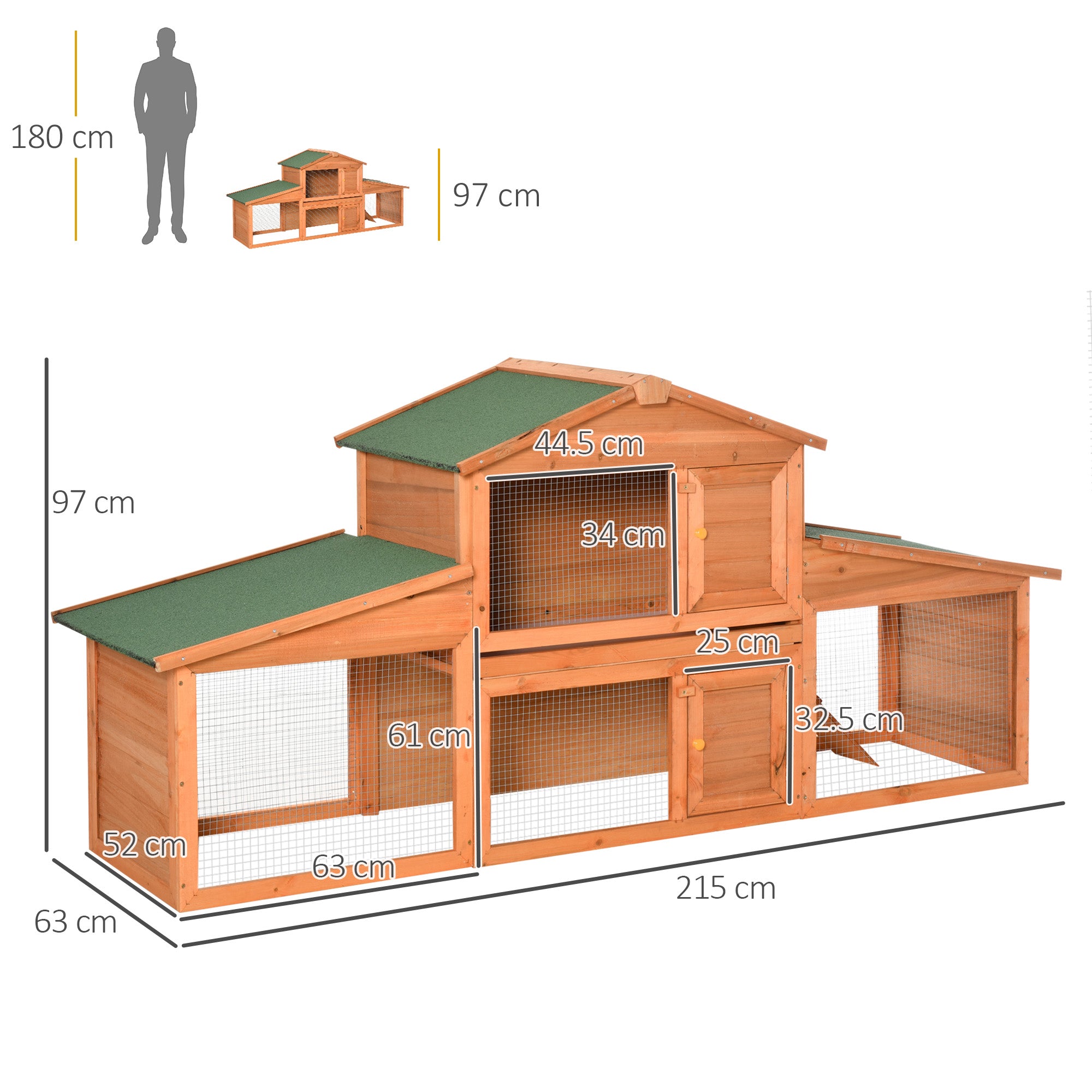 PawHut Large Rabbit Hutch Outdoor, Guinea Pig Hutch, Wooden Small Animal House, with Rabbit Run, 215 x 63 x 97 cm 