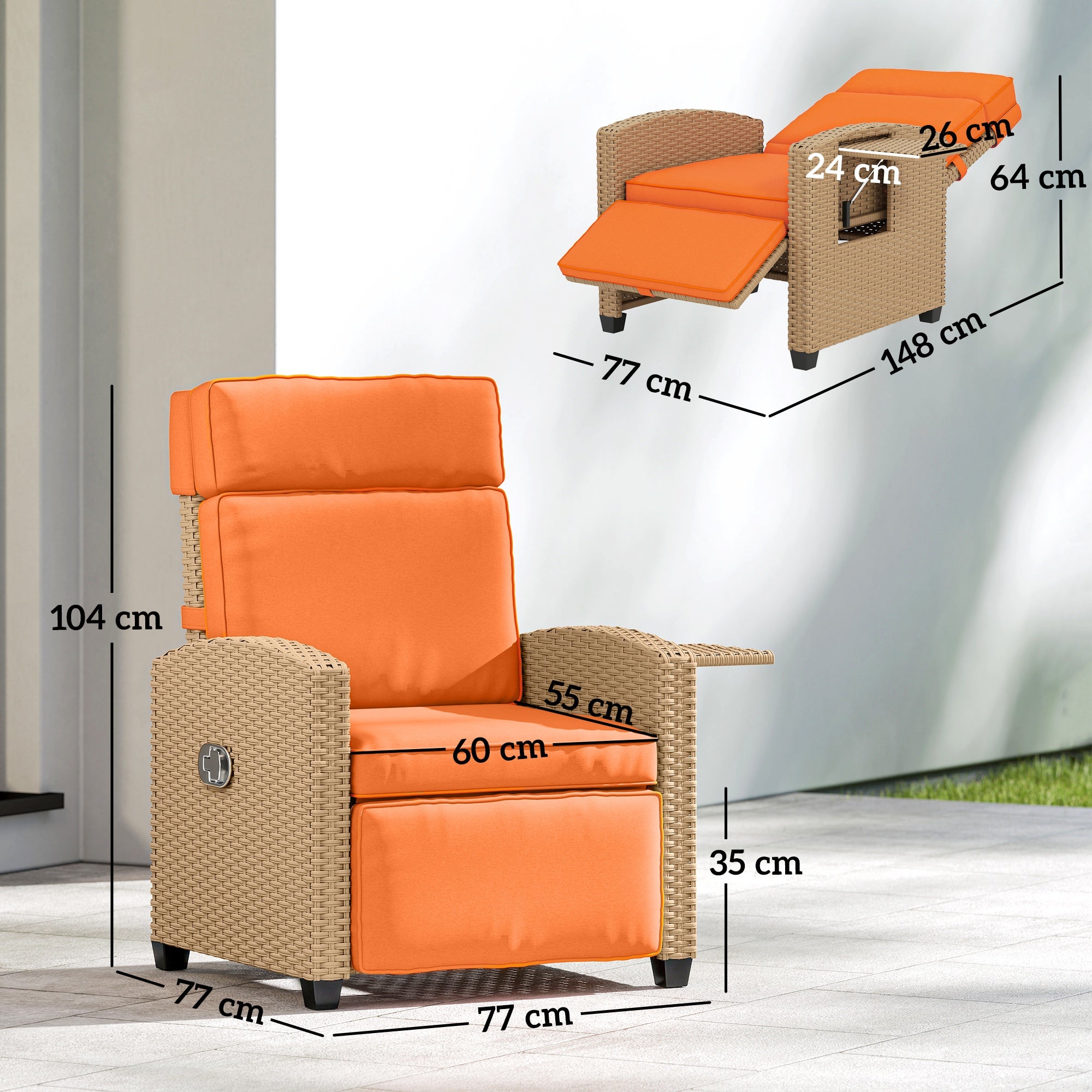 Outsunny 145° Reclining Rattan Armchair, with Footrest - Khaki/Orange 