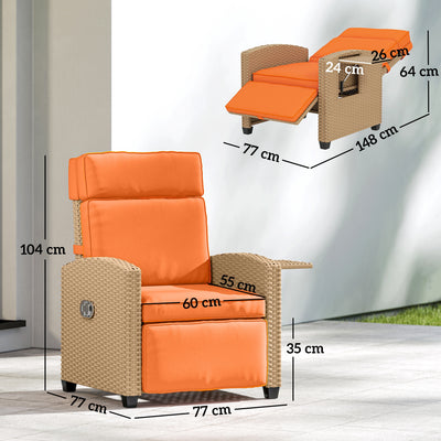 Outsunny 145° Reclining Rattan Armchair, with Footrest - Khaki/Orange 