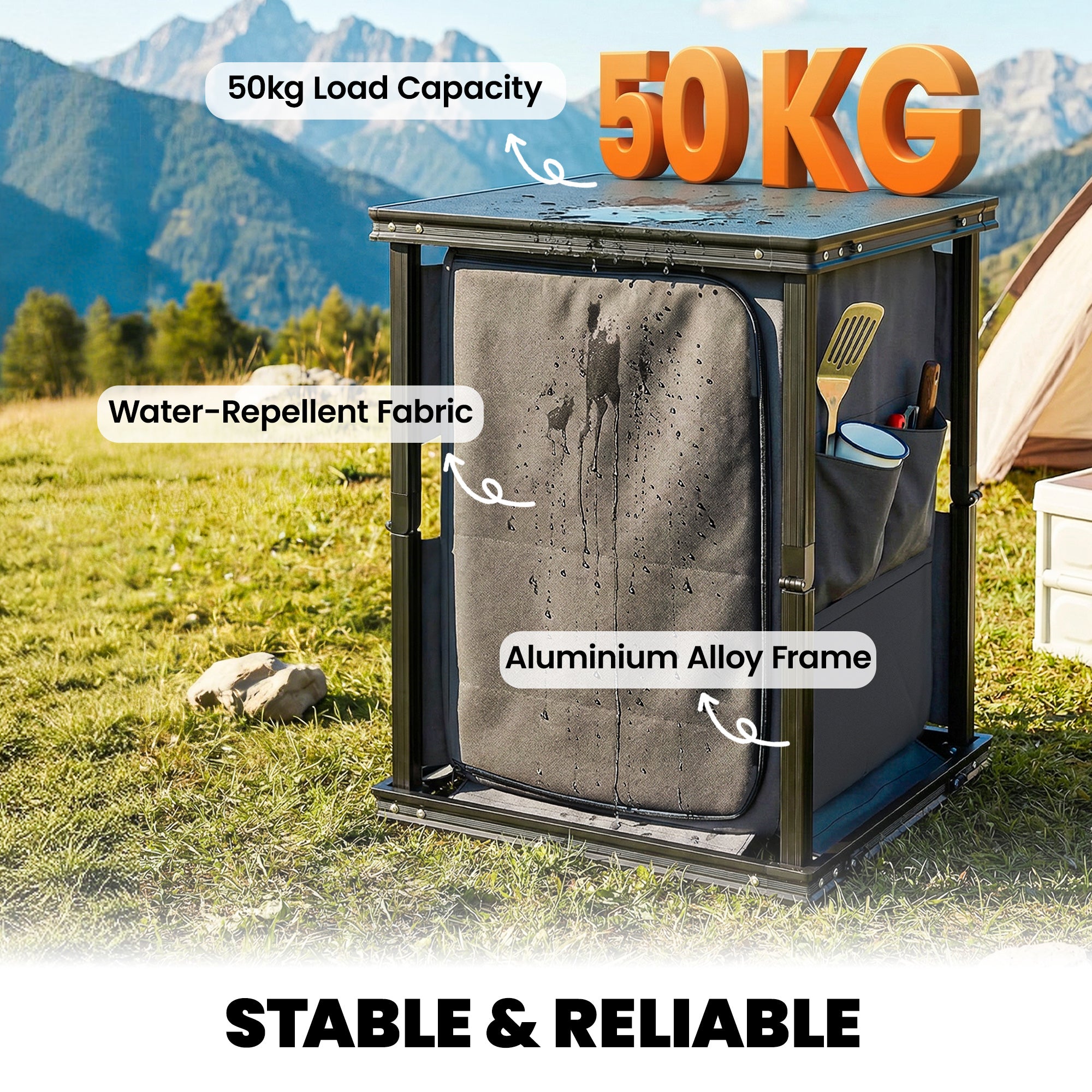 Outsunny Camping Camping Cupboards, Folding Portable Kitchen Table with 3-Tier Storage, Black 