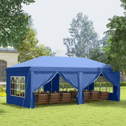Outsunny 3 x 6 m Pop Up Gazebo with Sides and Windows, Height Adjustable Wedding Camping Party Tent Canopy Marquee with Storage Bag for Garden, Event, Blue