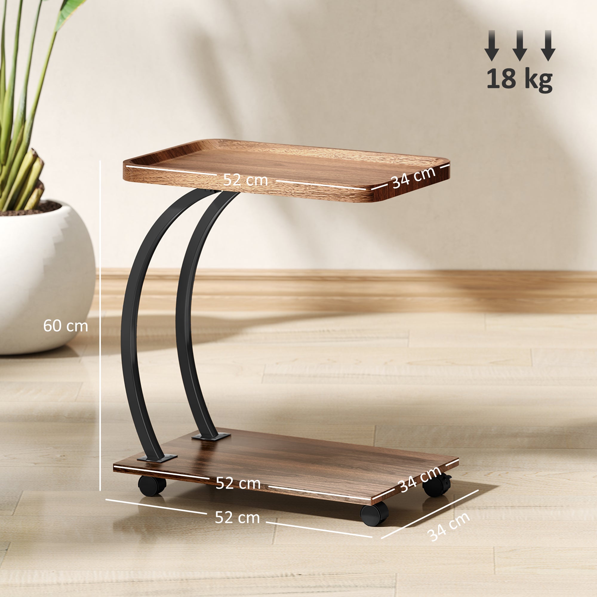 HOMCOM 2-Tier Mobile C-Shaped Side Table - Brown