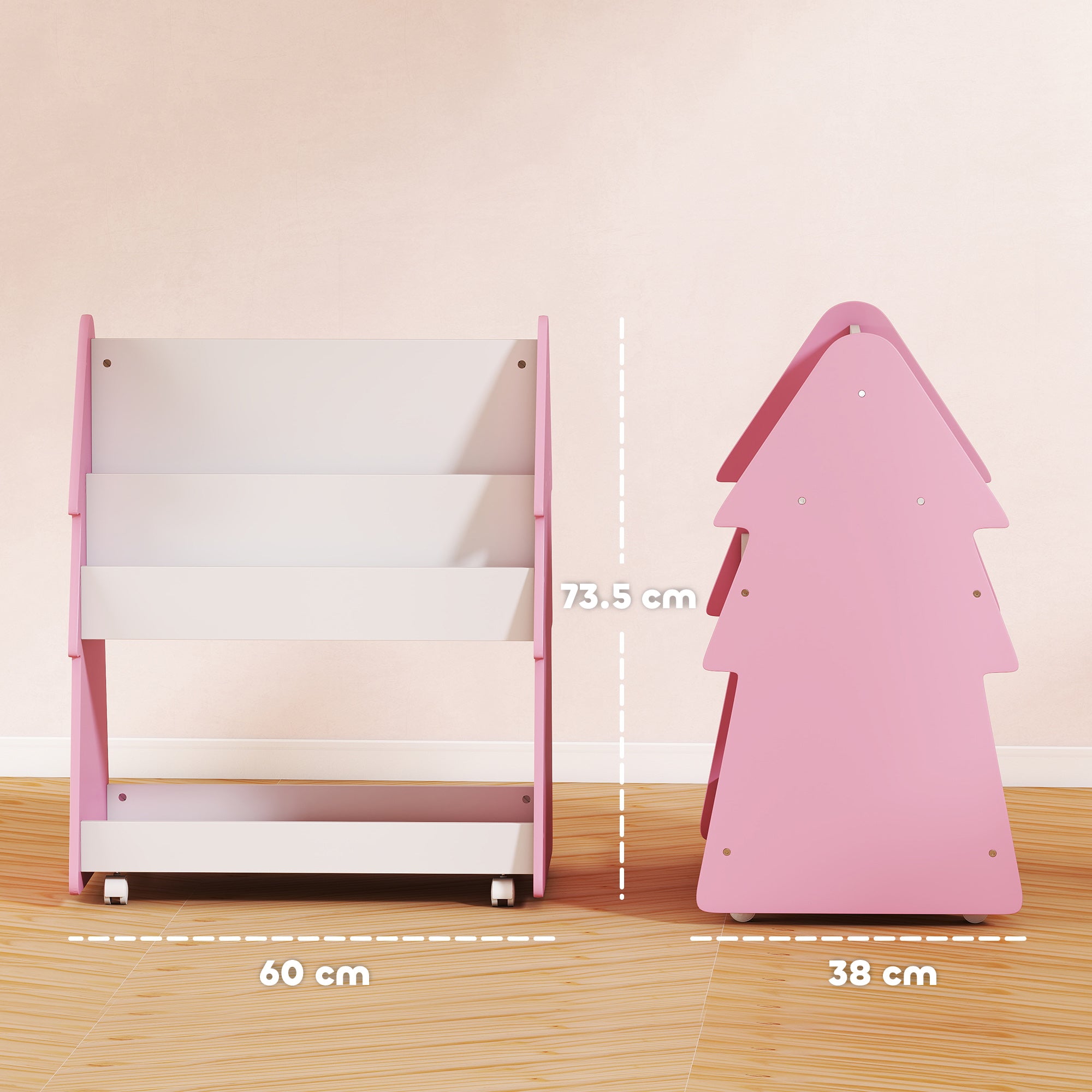 AIYAPLAY Kids Bookshelf with Toy Storage, Double-Sided Bookcase with Wheels, 3 Tier Kids Book Rack for Bedroom, Pink 