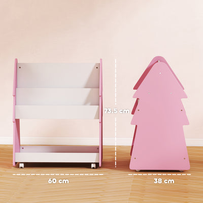 AIYAPLAY Kids Bookshelf with Toy Storage, Double-Sided Bookcase with Wheels, 3 Tier Kids Book Rack for Bedroom, Pink 