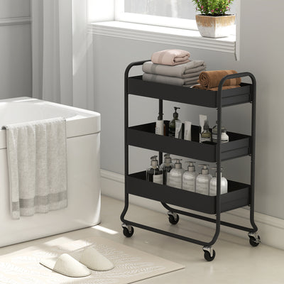 HOMCOM 3-Tier Storage Trolley on Wheels, Rolling Utility Cart with Mesh Backets for Kitchen, Bathroom, Bedroom, Black 