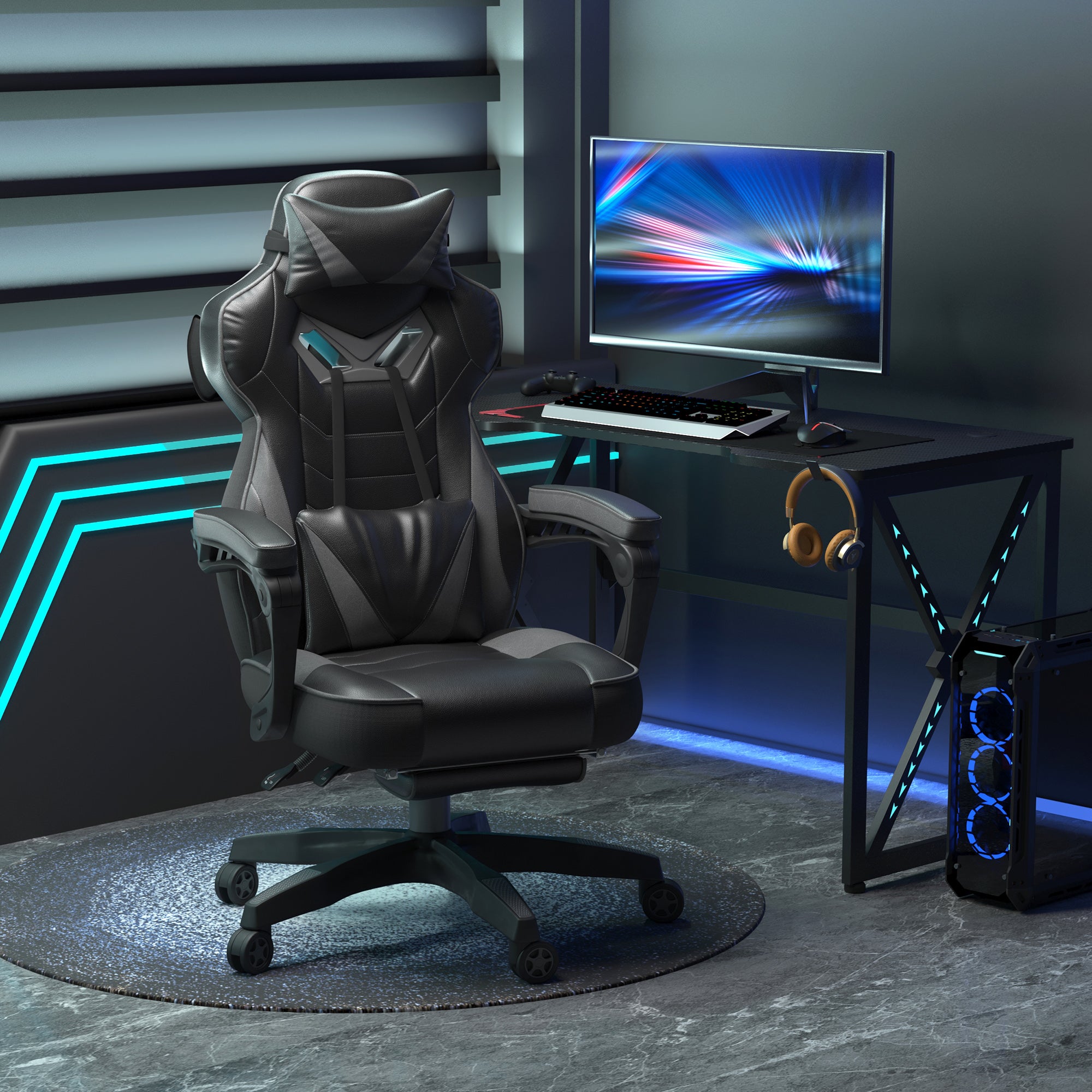 Vinsetto Computer Gaming Chair, Racing Desk Chair with Lumbar Support and Footrest, PU Leather Gamer Chair with Headrest and Swivel Wheels for Home, Grey 