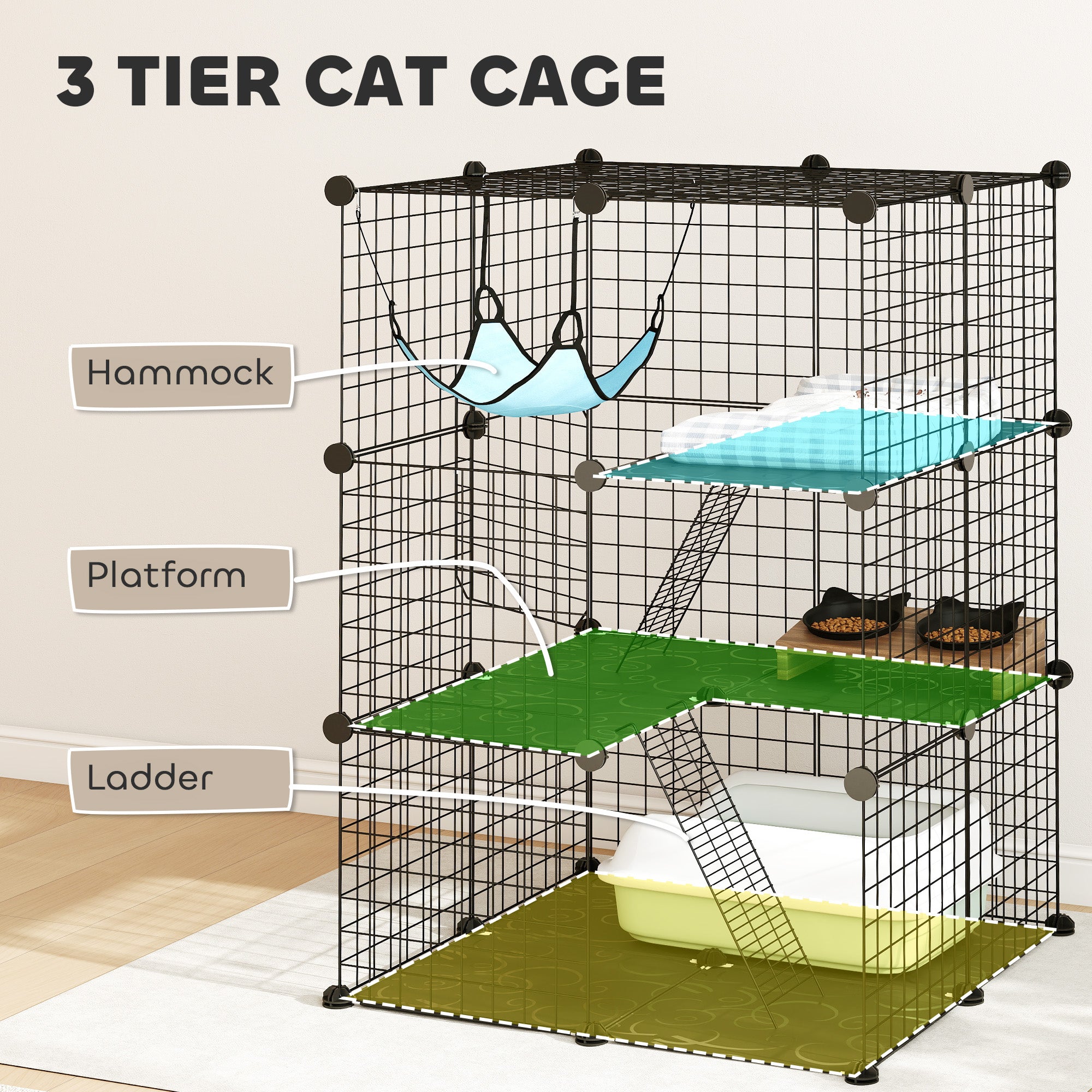 PawHut Indoor Cat Cage DIY Customizable 3-Tier Indoor Cat Enclosure with 3 Doors and Hammock 105 cm Black 
