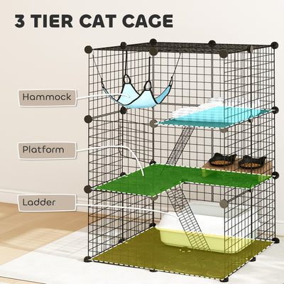 PawHut Indoor Cat Cage DIY Customizable 3-Tier Indoor Cat Enclosure with 3 Doors and Hammock 105 cm Black 