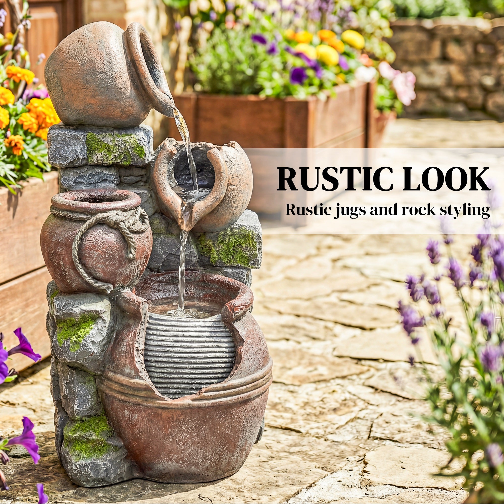 Outsunny Outdoor Fountain with 4-Tier Rustic Pots & Planter, Garden Fountain with LED Lights, Rustic Brown 
