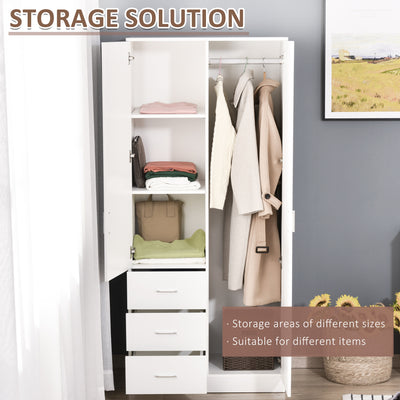 HOMCOM Modern Mirror Wardrobe 2 Door Storage Cupboards Home Storage Organisation Furniture with Adjustable Shelf, Hanging Rail and 3 Drawers, 180cm, White 