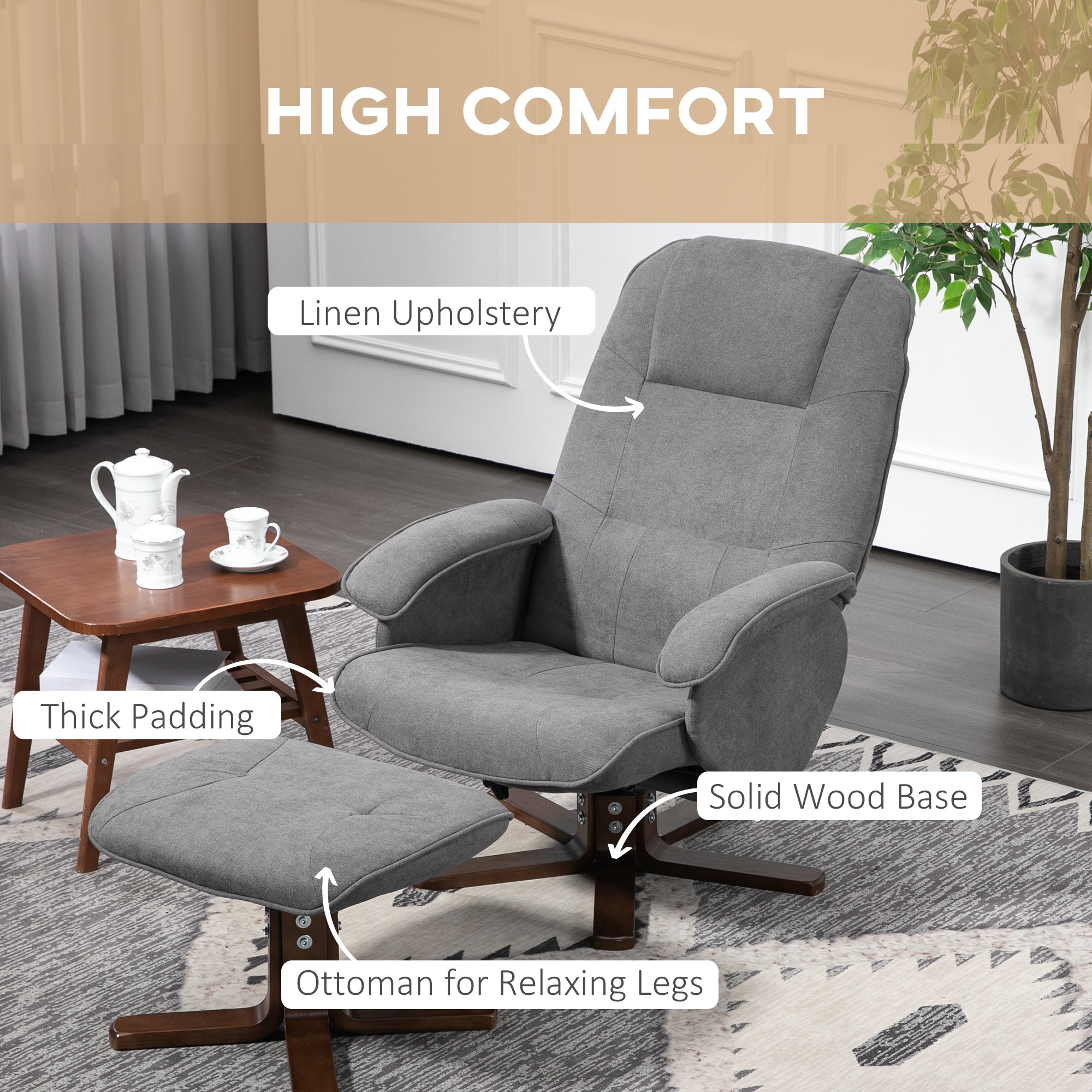 HOMCOM Linen Swivel Recliner Chair with Footstool, Upholstered Reclining Armchair with Wooden Base for Living Room, Grey 