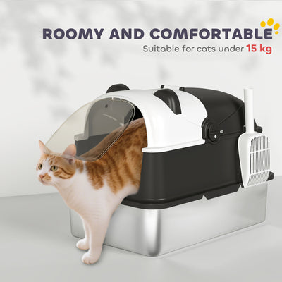PawHut Panda Style XL Stainless Steel Cat Litter Box with Lid, Enclosed Kitty Litter Box with Scoop, 60 x 40 x 45 cm 