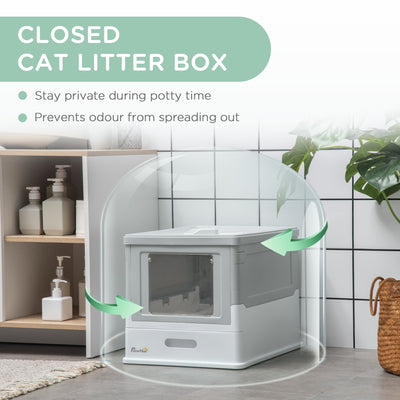PawHut Hooded Cat Litter Box, Portable Pet Toilet, with Scoop, Front Entry - Grey 