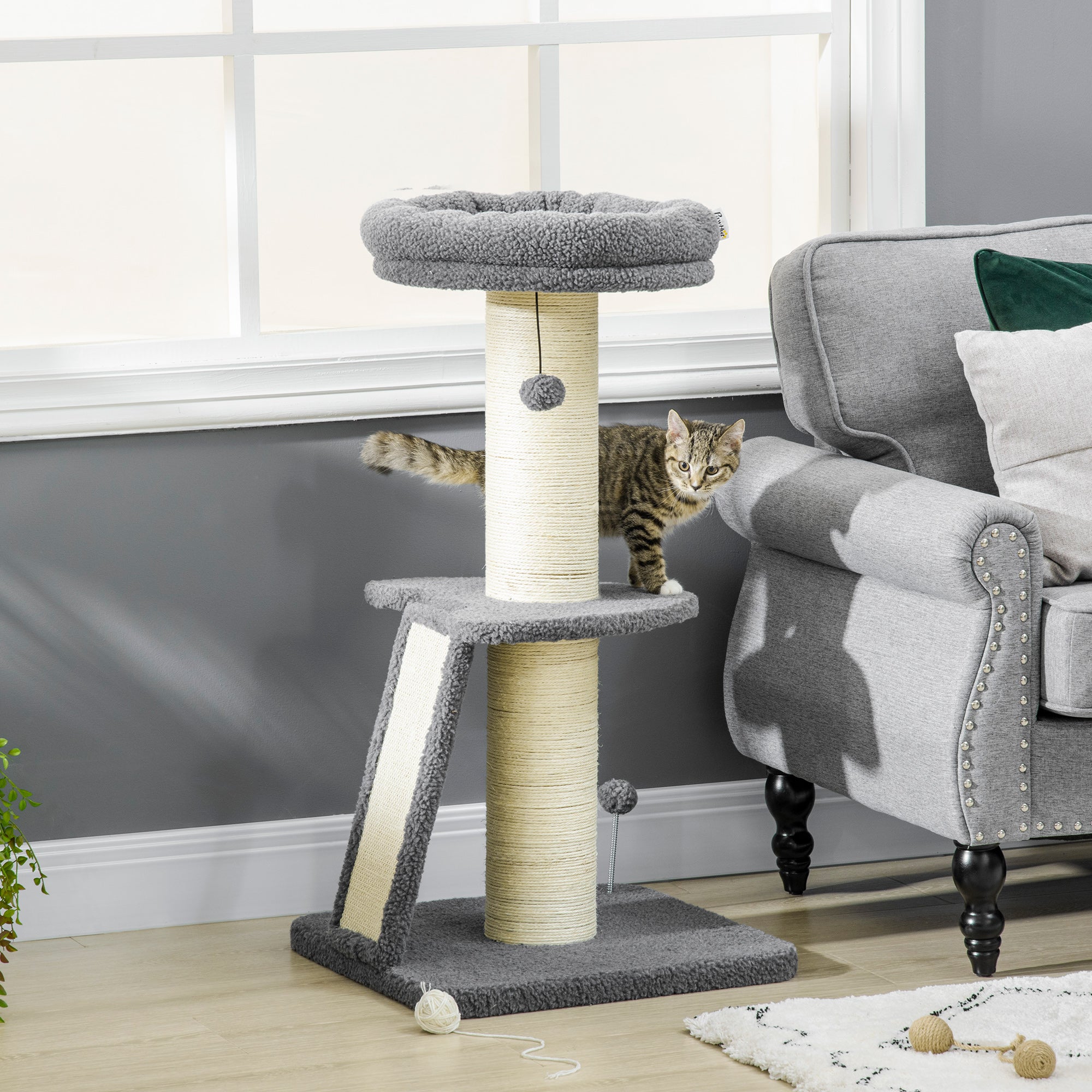 PawHut Cat Tree Tower with Scratching Posts, Pad, Bed, Toy Ball-Dark Grey 