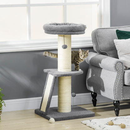 PawHut Cat Tree Tower with Scratching Posts, Pad, Bed, Toy Ball-Dark Grey 