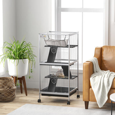 PawHut Small Animal Cage Pet Play House with Wheels Platforms Light Grey 