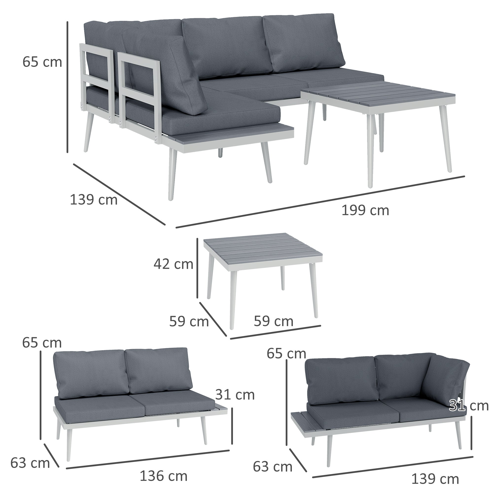 Outsunny 3 Piece Garden Furniture Set with 5-Level Adjustable Lounger, L Shaped Garden Corner Sofa with Cushions, Mesh Seat, Slatted Wood-Grain Table, Outdoor Furniture Set for Conservatory, Grey 