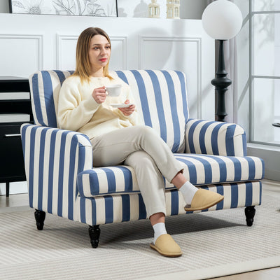 HOMCOM Modern Accent Chair, Velvet Armchair with Stripe, Turned Legs and Wide Seat, Upholstered Snuggle Chair for Living Room, Bedroom, Blue and White 