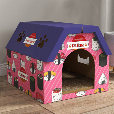 PawHut Cat Scratching Board, 2-in-1 Cardboard Cat House and Hideaway for Indoor Cats, Pink 