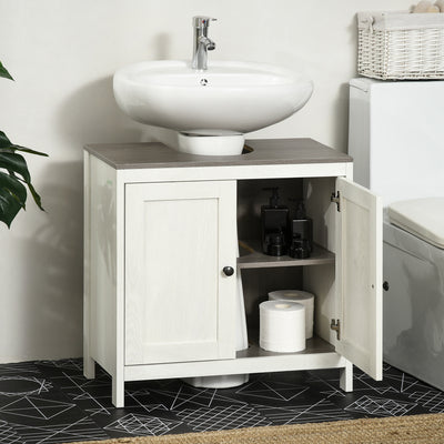kleankin Modern Bathroom Sink Cabinet, Floor Standing Under Sink Cabinet, Freestanding Storage Cupboard with Adjustable Shelf, Double Doors, Antique White 