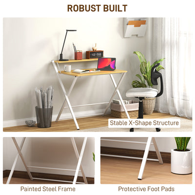 HOMCOM Compact Folding Desk for Small Spaces, Foldable Computer Desk with Storage Shelf for Home Office, 2-Tier Study Writing Table, 86 x 66 x 82 cm, Maple Wood-effect 