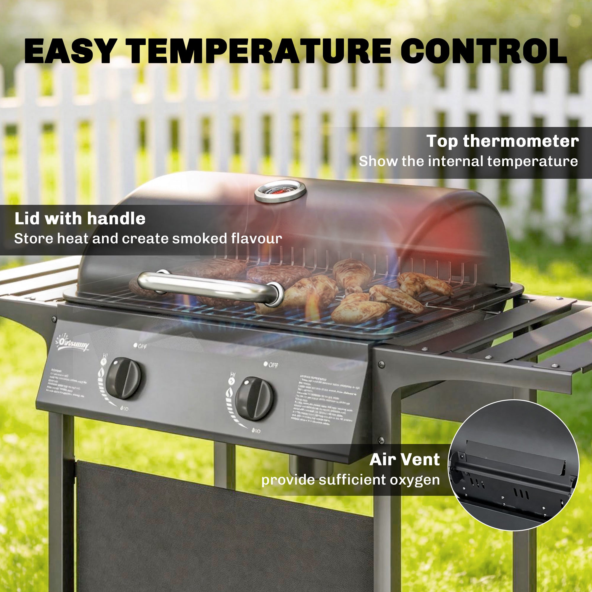 Outsunny Gas Burner Barbecue Grill, 2 Burner Gas Grill with Side Tables, Warming Rack, Shelf, Thermometer, Grease Tray, Black 