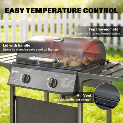 Outsunny Gas Burner Barbecue Grill, 2 Burner Gas Grill with Side Tables, Warming Rack, Shelf, Thermometer, Grease Tray, Black 