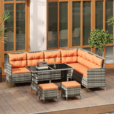 Outsunny 7-Seater Patio wicker Sofa Set Rattan Chair Furniture w/ Glass & Cushioned, Orange 