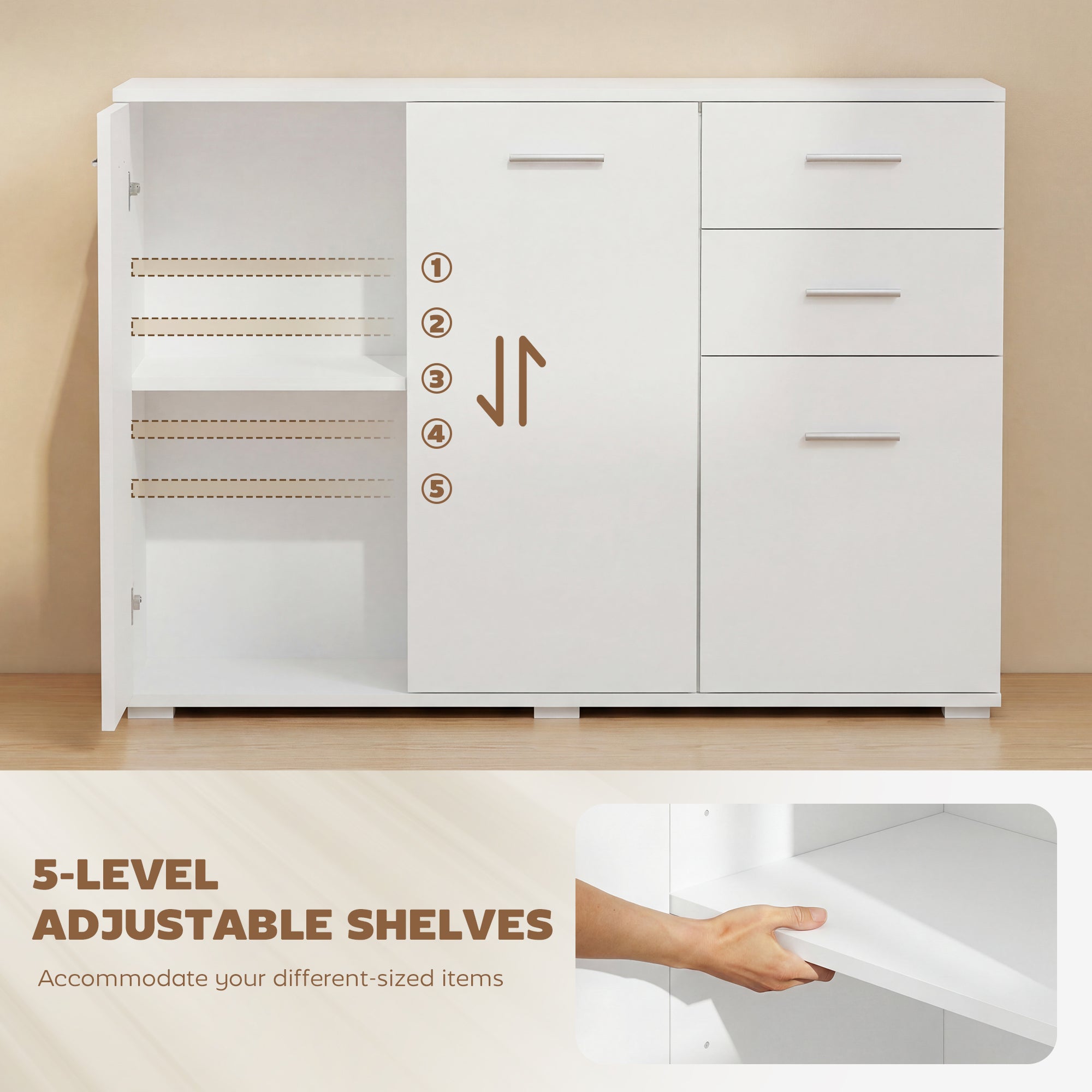 HOMCOM Sideboard, Modern Storage Cabinet with 2 Drawers, 3 Doors and Adjustable Shelves, White 