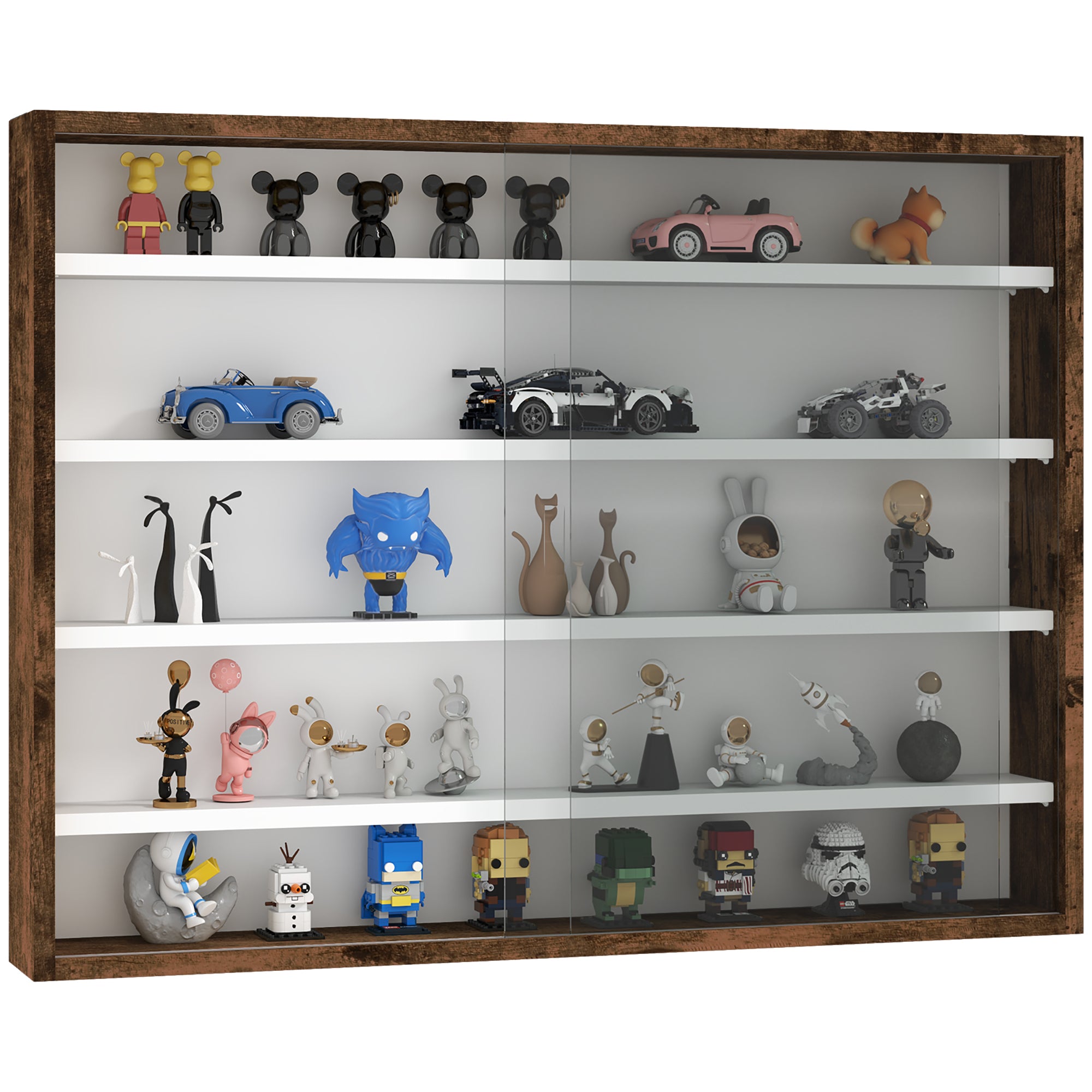 HOMCOM 5-Tier Wall Display Shelf Unit Cabinet w/ 4 Adjustable Shelves Glass Doors Home Office Ornaments 60x80cm Rustic brown 