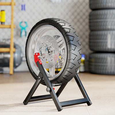 HOMCOM Foldable Motorcycle Wheel Balancer Truing Stand with Spoke Wrench, Steel Bike Tyre Rim Balancing Stand with Aluminium Shaft, Fits Wheels up to 23" in Diameter, 5" in Width, Black 