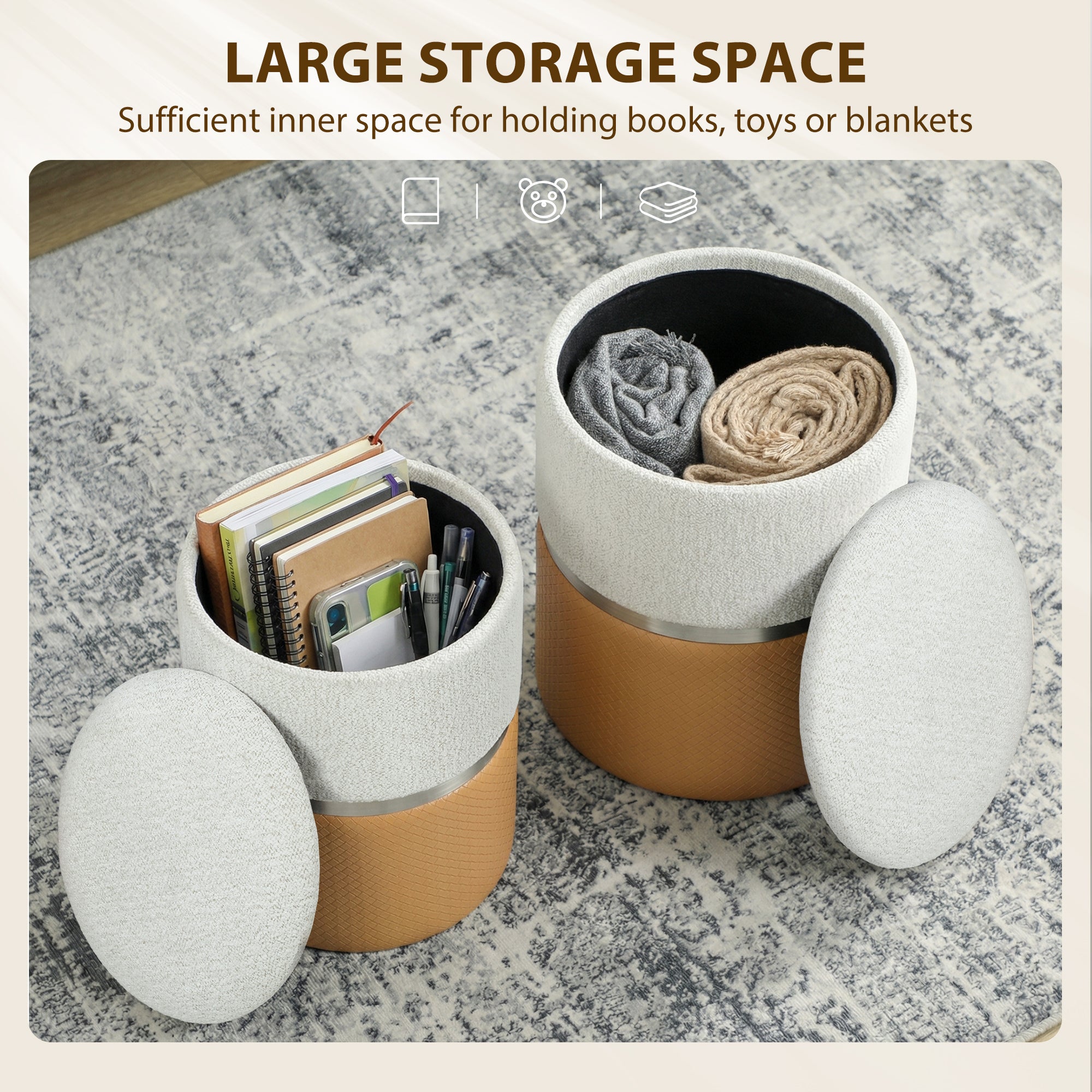 HOMCOM Nesting Round Ottoman with Storage Set of 2 - Cream/Brown 