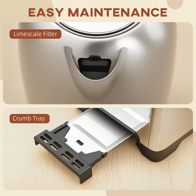HOMCOM Simple Polished Toaster and Kettle Set - Silver Tone 