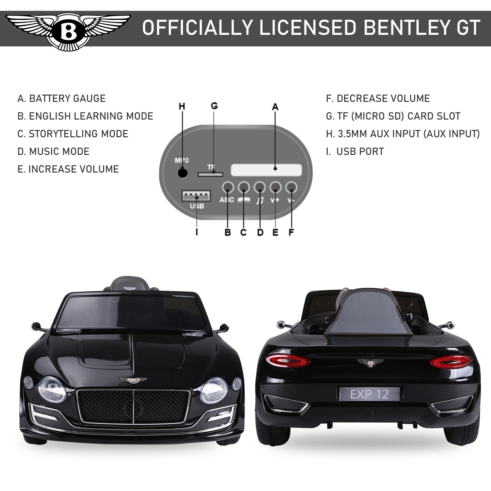 HOMCOM Bentley GT Licensed 12V Electric Car for Kids, Kid's Electric Ride on with Remote Control, Ride on Car with LED Lights, Music, for 3-5 Years, Black 