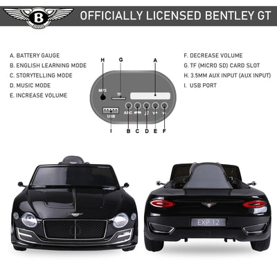 HOMCOM Bentley GT Licensed 12V Electric Car for Kids, Kid's Electric Ride on with Remote Control, Ride on Car with LED Lights, Music, for 3-5 Years, Black 