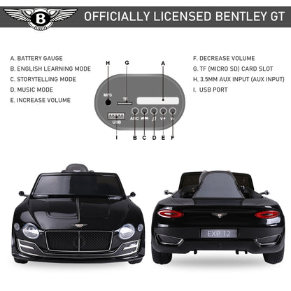 HOMCOM Bentley GT Licensed 12V Electric Car for Kids, Kid's Electric Ride on with Remote Control, Ride on Car with LED Lights, Music, for 3-5 Years, Black 
