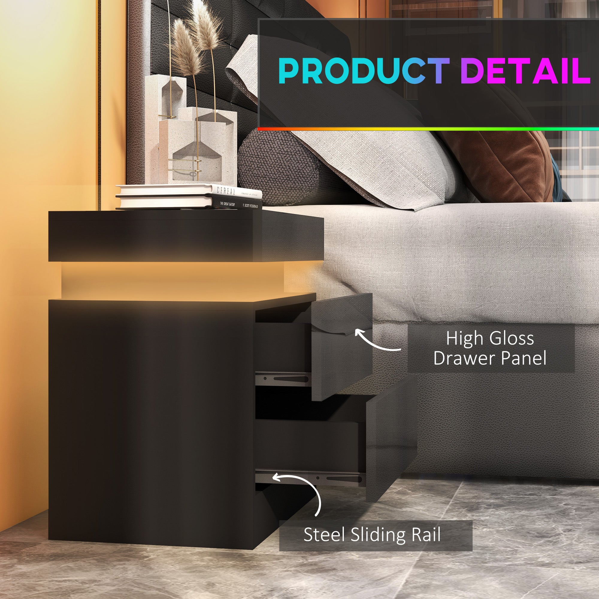 HOMCOM High Gloss Front Bedside Tables Set of 2, Nightstands with RGB LED Light and 2 Drawers, Chest of Drawers for Bedroom, Living Room, Black 