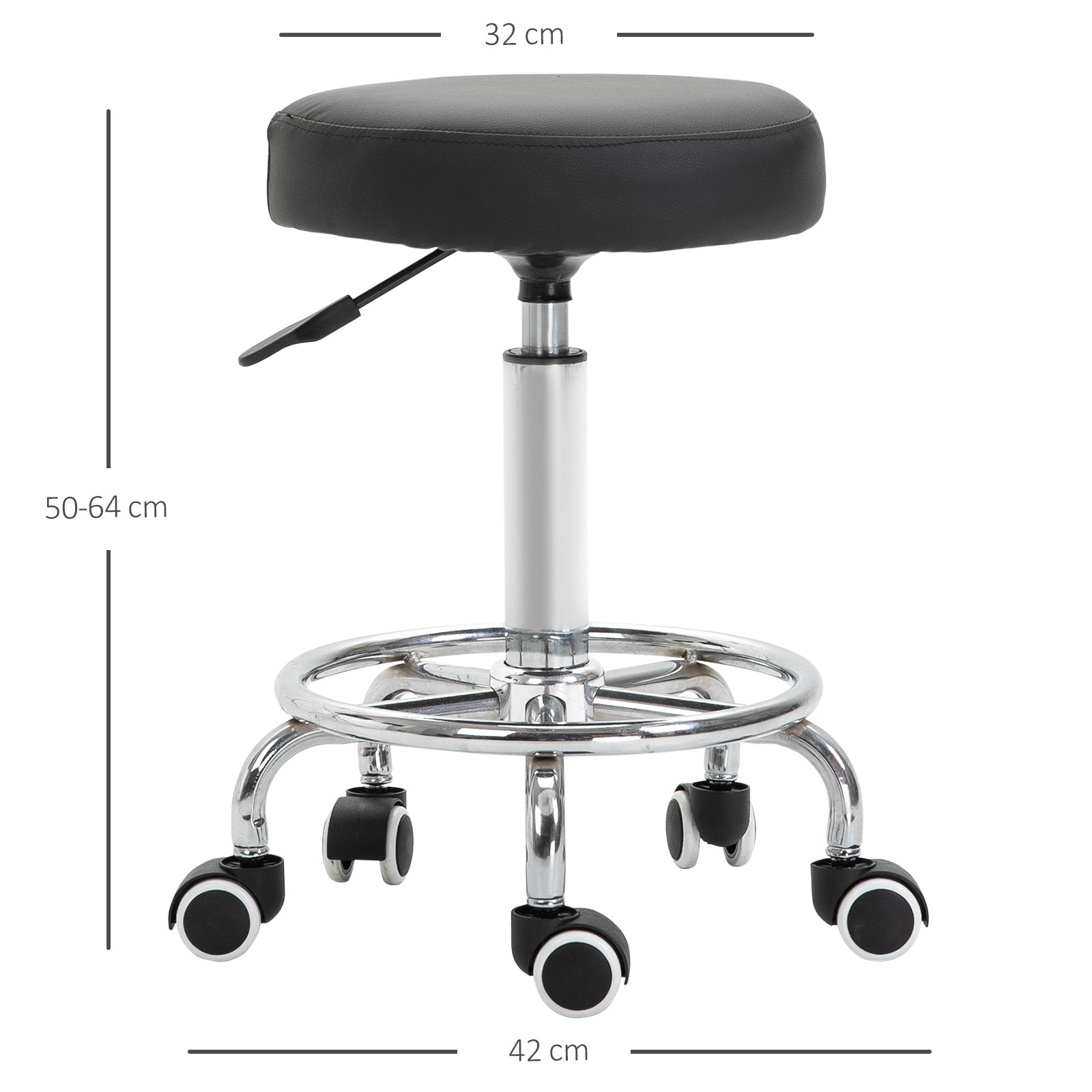 Vinsetto Round Rolling Stool, PU Leather Height Adjustable Stool Chair with Wheels and Swivel Seat for Salon, Massage, Spa, Home Kitchen, Black 