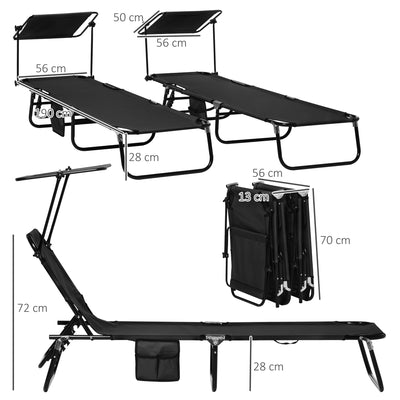 Outsunny Set of Two Folding Sun Loungers, with Adjustable Backs and Sun Canopies - Black 
